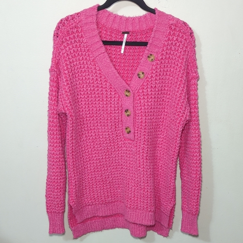 Free People Whistle Thermal Henley Sweater Pink Oversized Chunky Women's Size XS